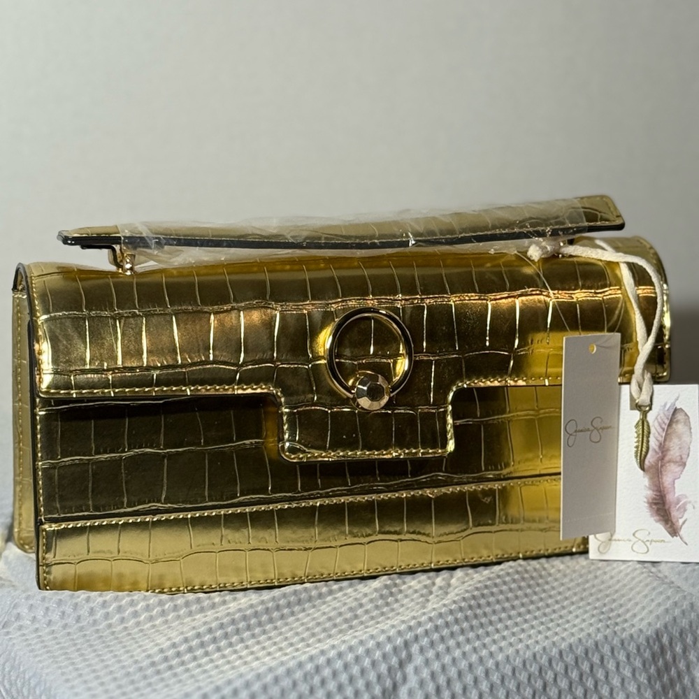 Jessica Simpson Gold Croc-Pattern Clutch